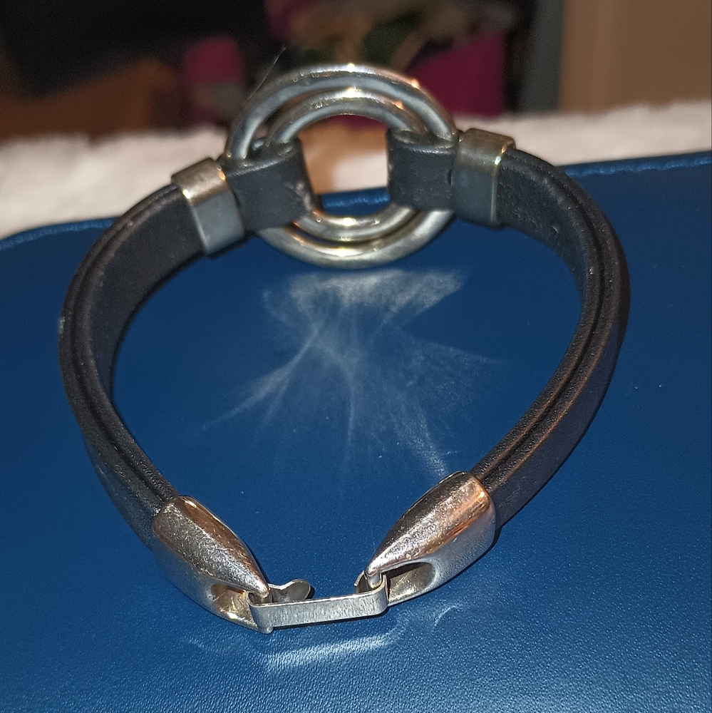 Men Silver Double Circle Leather Bracelets - image 2